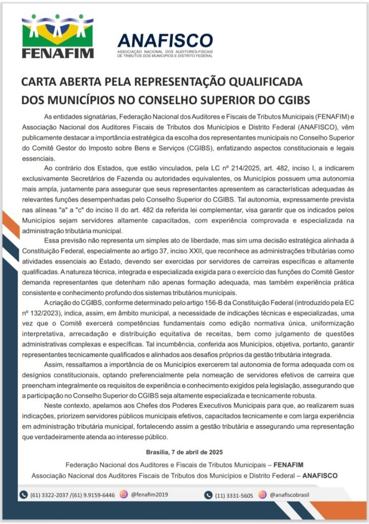 CARTA ABERTA PELA REPRESENTAÇÃO QUALIFICADA DOS MUNICÍPIOS NO CONSELHO SUPERIOR DO CGIBS