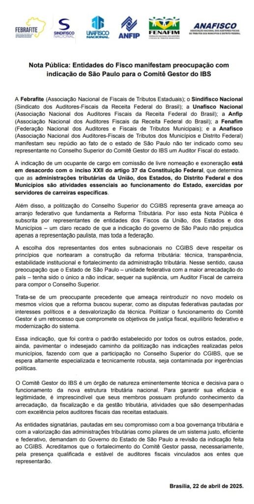 Nota Pública: Entidades do Fisco manifestam preocupação com indicação de São Paulo para o Comitê Gestor do IBS
